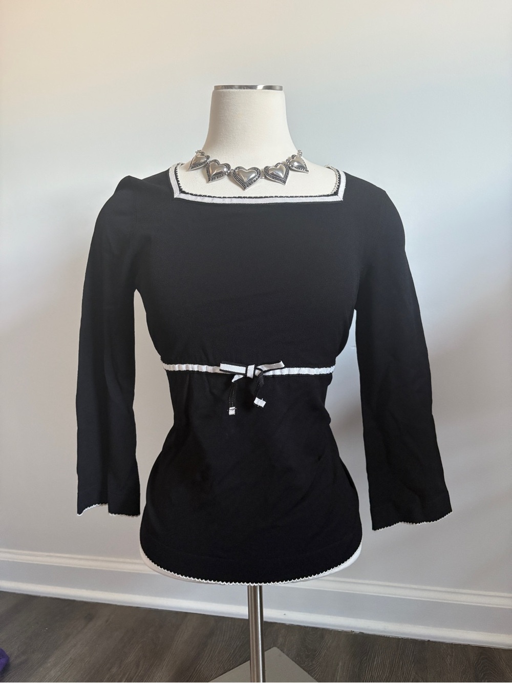 Talbots Collection Black Top with White Trim & Bow | Preppy